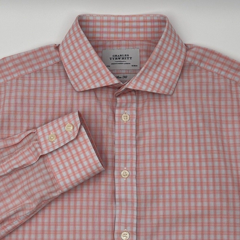 Charles Tyrwhitt Shirt 16.5 34 Mens Slim Fit Pink Gingham‎ Plaid Cotton Dress